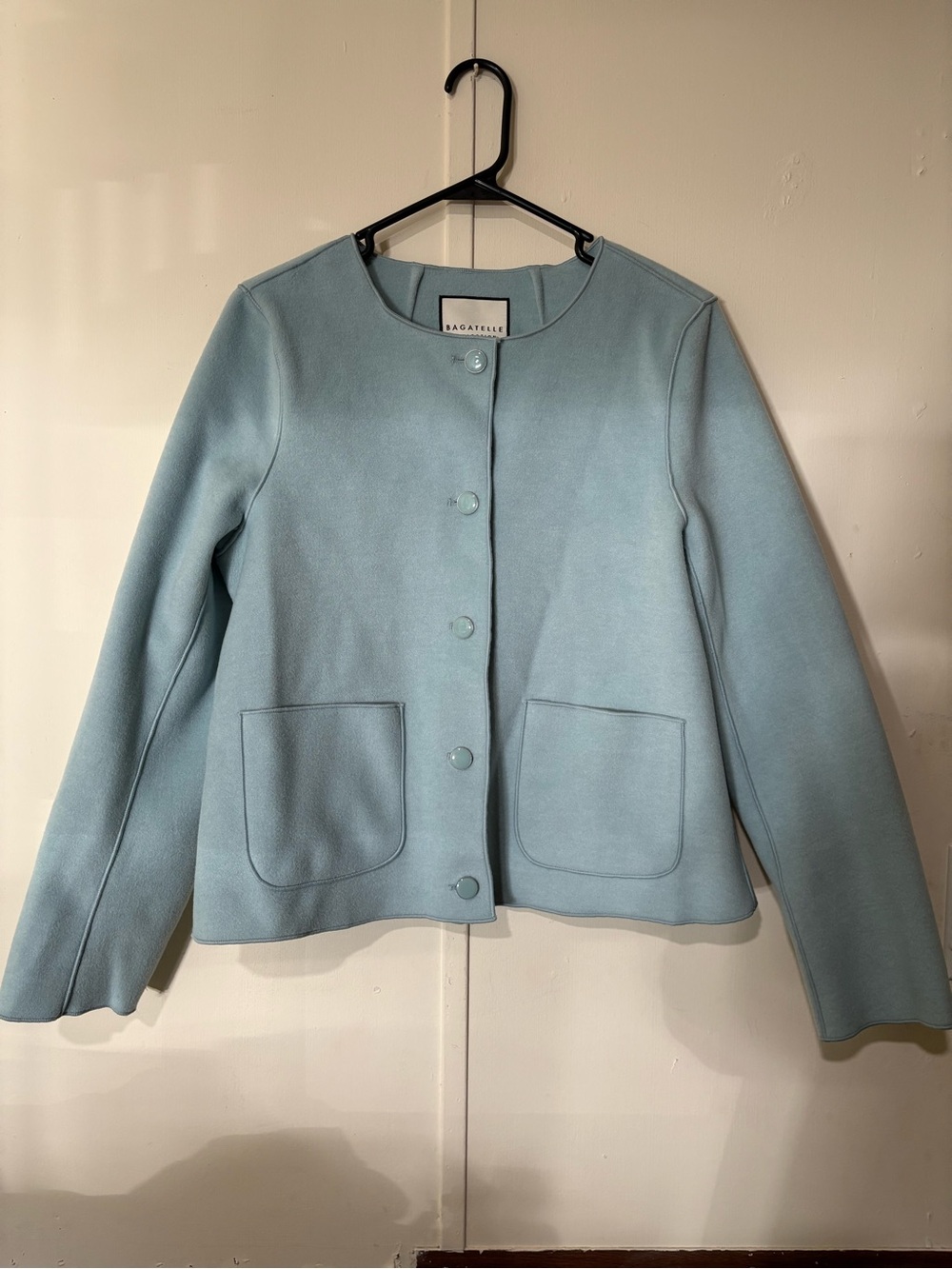 Bagatelle Pastel Blue Collarless Button Front Jacket